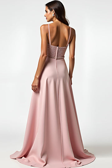 Sparkly Dusty Rose spaghetti bretelles perles longue robe d’invité de mariage